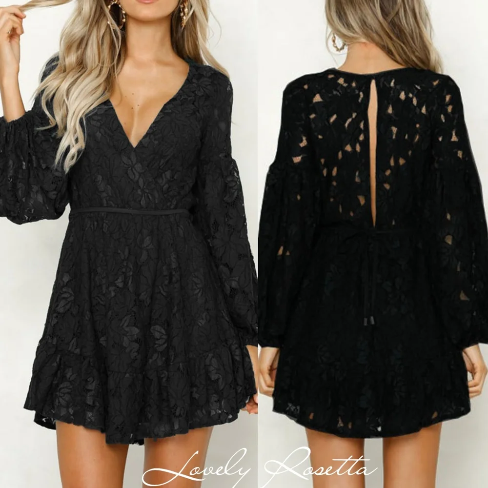 Black V-Neck Lace Dress - Picture 2 of 4